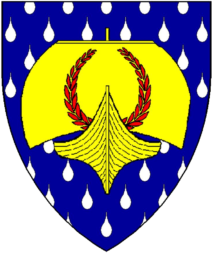 The device of the Barony of Stormhold; Azure goutty d’eau, a drakkar affronty Or, the sail charged with a laurel wreath gules.