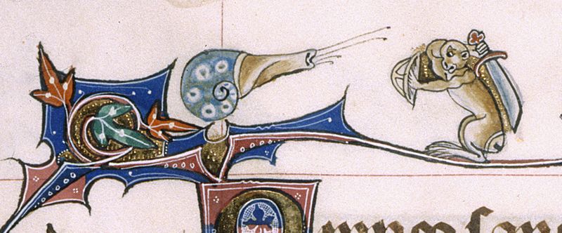 A medieval manuscript depicting a monkey and a snail in single combat.